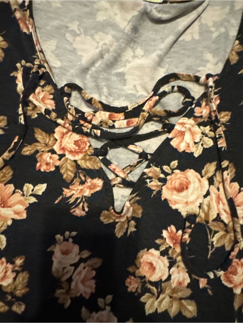 Black floral print long sleeve dress 1X lace-up detail